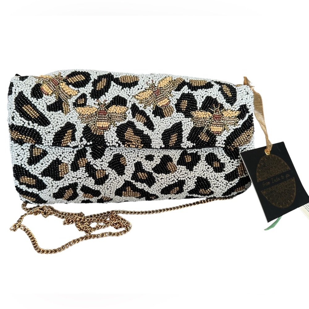 Leopard and Bumble Bee Beaded Clutch with Gold and Black Accents